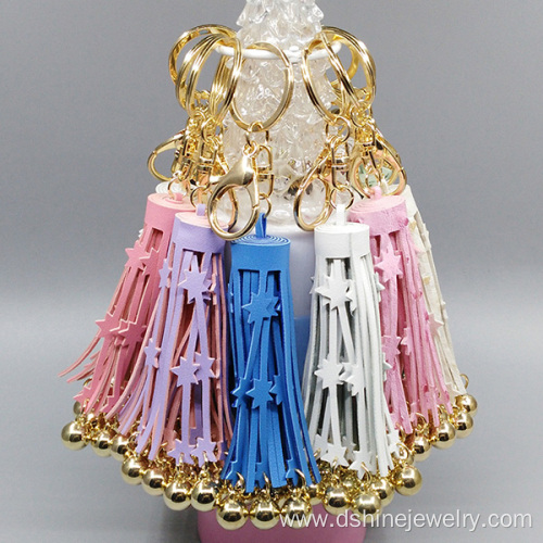 PU Leather Tassel Cute Key Chains Star Fringe With Balls